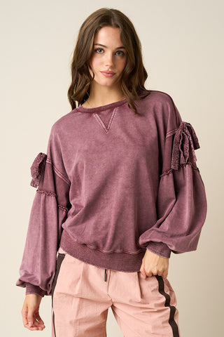 Plum Bow Broderie Applique Mineral Wash Balloon Sleeve Sweatshirt