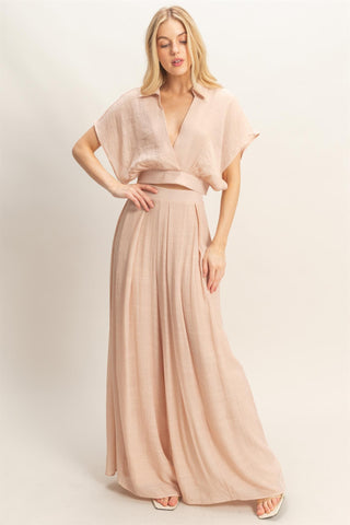 Collared Wrap Top & Wide-leg Pants Set