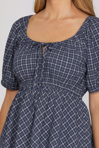 Short Sleeve Woven Checked Babydoll Top