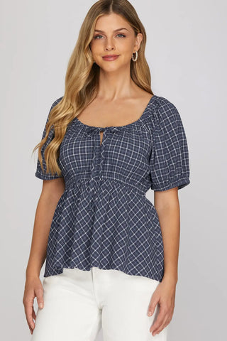 Short Sleeve Woven Checked Babydoll Top