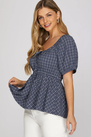 Short Sleeve Woven Checked Babydoll Top