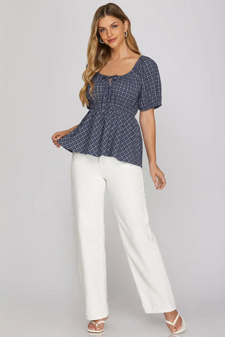 Short Sleeve Woven Checked Babydoll Top
