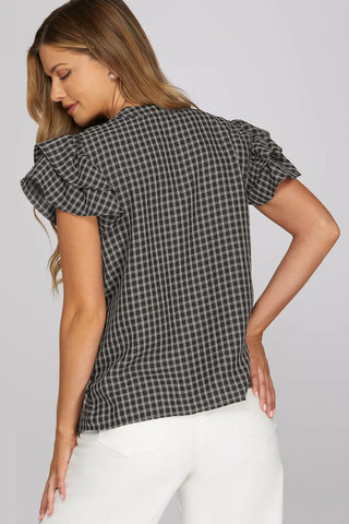 Ruffle Sleeve Pintuck Woven Gingham Top
