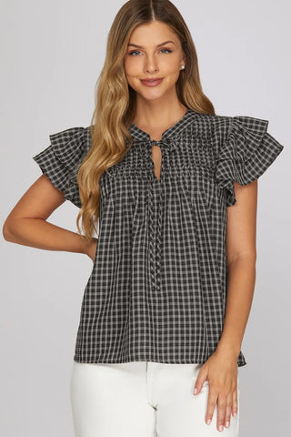 Ruffle Sleeve Pintuck Woven Gingham Top