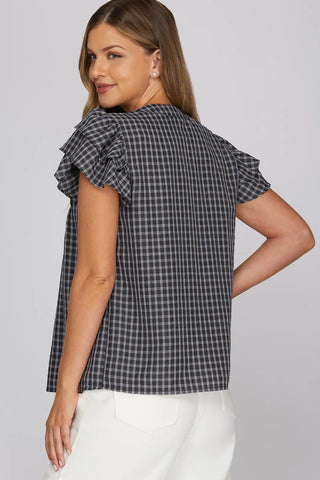 Ruffle Sleeve Pintuck Woven Gingham Top