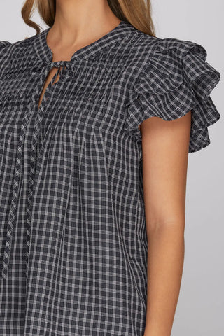 Ruffle Sleeve Pintuck Woven Gingham Top