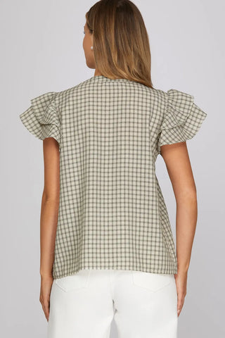 Ruffle Sleeve Pintuck Woven Gingham Top