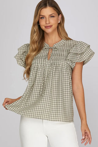 Ruffle Sleeve Pintuck Woven Gingham Top