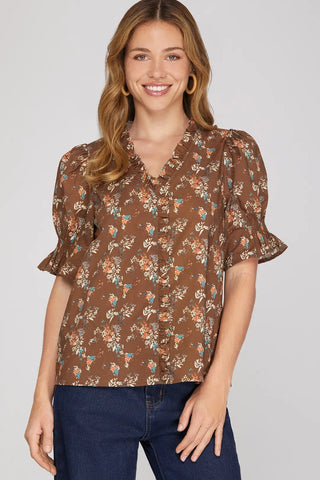 Brown Floral Ruffle Neck Puff Sleeve Top