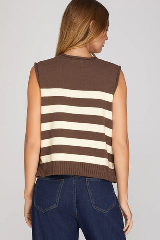 Sleeveless Stripe Sweater Top w/Side Gold Buttons