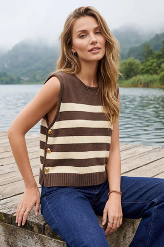 Sleeveless Stripe Sweater Top w/Side Gold Buttons