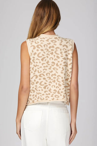 Sleeveless Animal Pattern Button Down Knit Sweater Vest