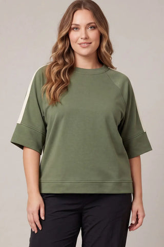 Curvy Half Sleeve Scuba Knit Top w/Contrast Tape