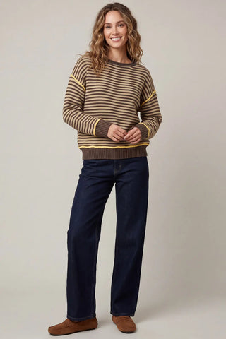 Long Sleeve Stripe Sweater Top w/Contrast Rib