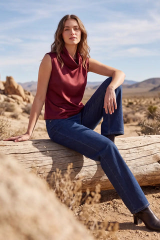 Sleeveless Woven Satin Cowl Neck Top