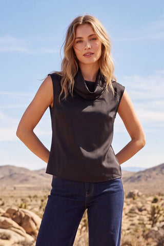 Sleeveless Woven Satin Cowl Neck Top