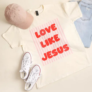 Love Like Jesus Striped Graphic Tee in cream with bold red lettering and pink stripe graphic
