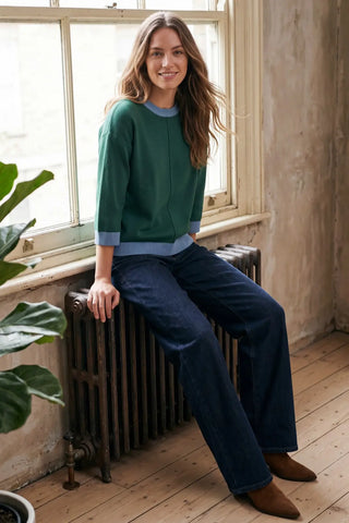 Green Contrast Trim 3/4 Sleeve Sweater