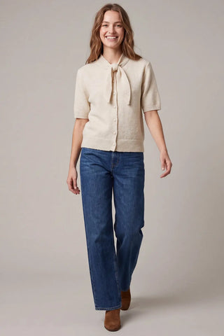 Short Sleeve Tie Neck Button Down Sweater