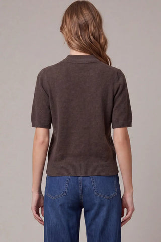 Short Sleeve Tie Neck Button Down Sweater