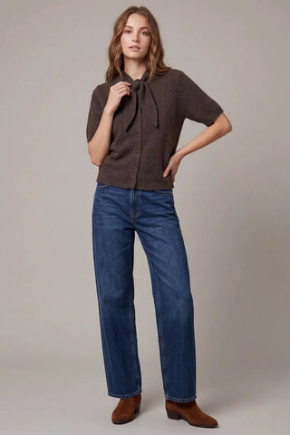 Short Sleeve Tie Neck Button Down Sweater