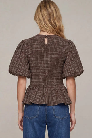 Brown Plaid Smocked Peplum Puff Sleeve Top