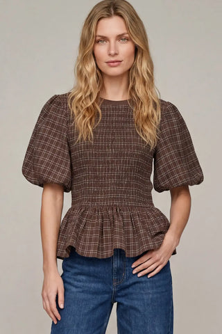 Brown Plaid Smocked Peplum Puff Sleeve Top