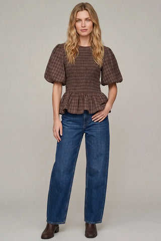 Brown Plaid Smocked Peplum Puff Sleeve Top