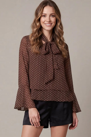 Bell Sleeve Polka Dot Woven Bow Top