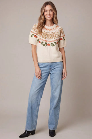 Short Sleeve Pumpkin Embroidery Fair Isle Sweater Top