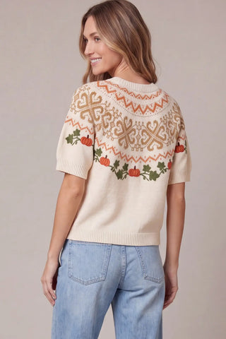 Short Sleeve Pumpkin Embroidery Fair Isle Sweater Top