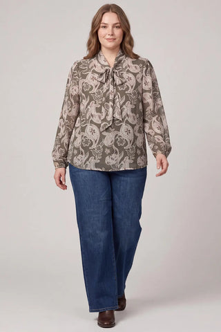 Curvy Paisley Print Long Sleeve Bow Blouse