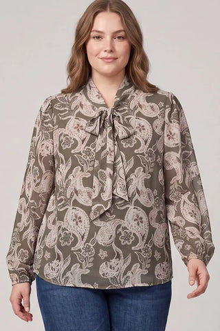 Curvy Paisley Print Long Sleeve Bow Blouse