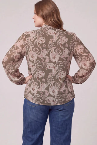 Curvy Paisley Print Long Sleeve Bow Blouse