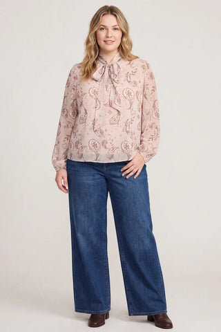 Curvy Paisley Print Long Sleeve Bow Blouse