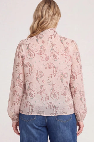 Curvy Paisley Print Long Sleeve Bow Blouse
