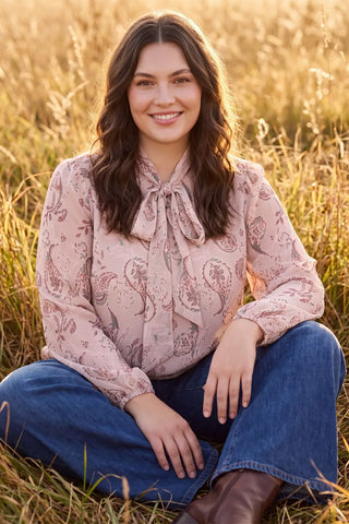Curvy Paisley Print Long Sleeve Bow Blouse