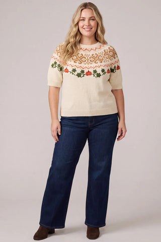 Curvy Short Sleeve Pumpkin Embroidery Fair Isle Sweater Top