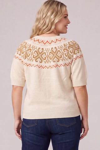 Curvy Short Sleeve Pumpkin Embroidery Fair Isle Sweater Top