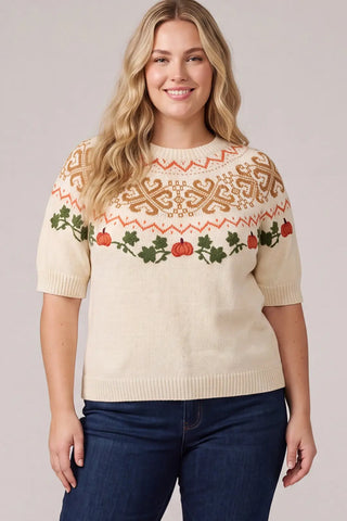 Curvy Short Sleeve Pumpkin Embroidery Fair Isle Sweater Top