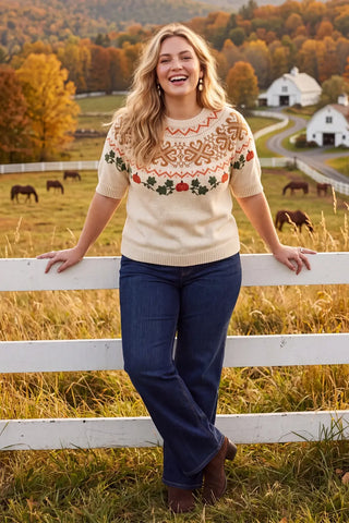 Curvy Short Sleeve Pumpkin Embroidery Fair Isle Sweater Top