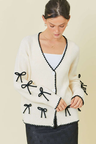 Ivory Black Bow Trim Knit Cardigan