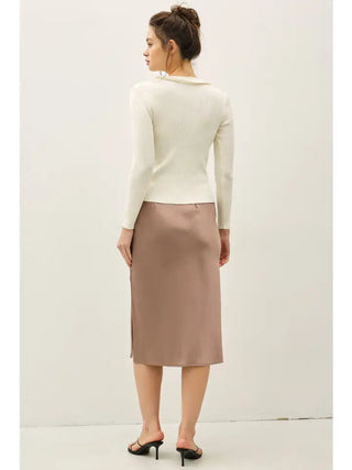Silky Satin Midi Skirt with Elastic Waistline in Taupe