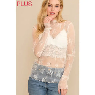 Curvy Mesh Lace High Neck LS Top