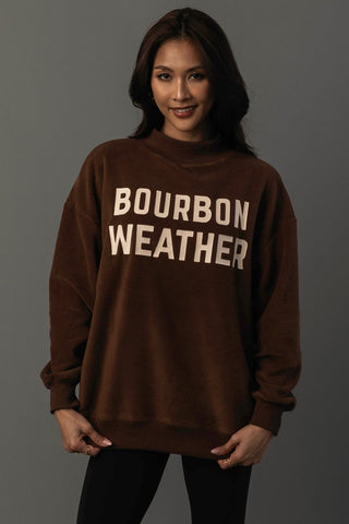 Reversible Whiskey Weather & Bourbon Weather Sweatshirt in Brown — Bourbon Weather side, cream block lettering