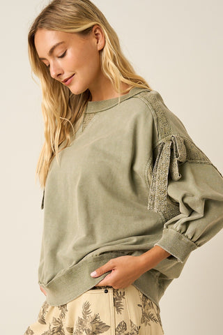 Light Olive Bow Appliqué Eyelet Lace Sweatshirt