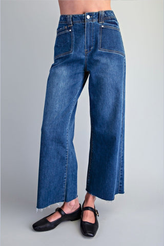 Frayed Hem Patch Pocket Wide Leg Denim Pants
