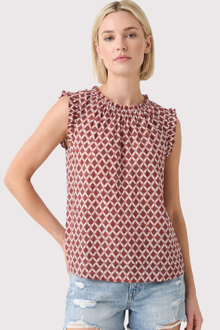Elastic Frilled Neck Geo Printed Top