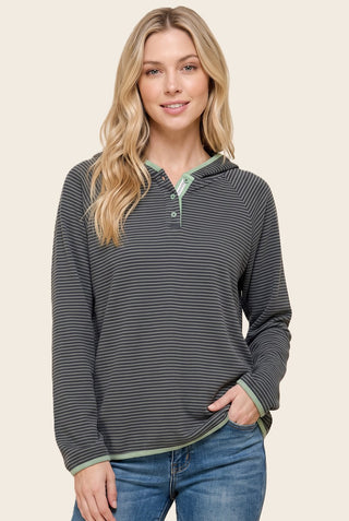Color Trimmed Micro Brushed Striped Hoodie Top