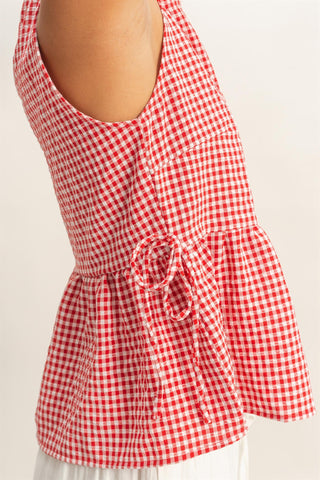 Gingham Sleeveless Peplum Top W/Side Ties